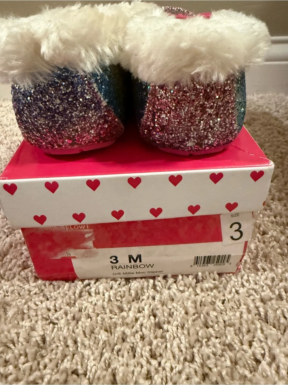 Girls Cream Faux-Fur Lined Rainbow Glitter Moccasin Slippers with Pink Trim